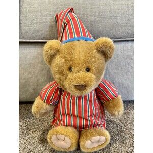 Vintage Avon Sherman Sleepy Teddy Bear Plush Striped Nightshirt & Cap - No Sound